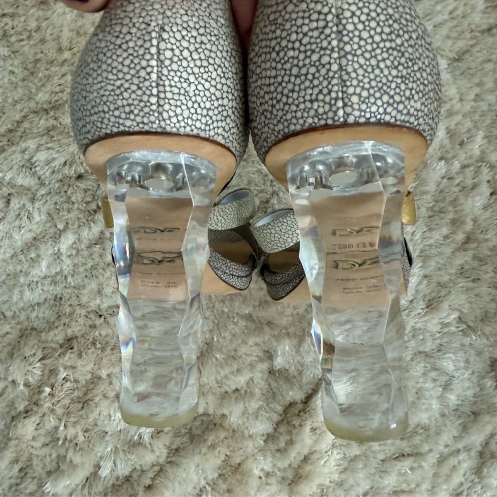 Diane Von Furstenberg Gold and Cream Strappy Heels PVC Heel - Picture 7 of 7